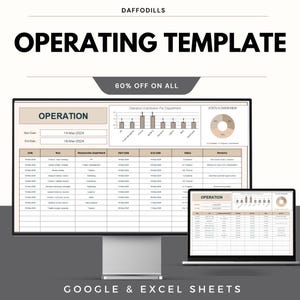 May include: A computer monitor and laptop displaying an operating template. The template includes charts, graphs, and tables with the text "OPERATION" and "GOOGLE & EXCEL SHEETS". The image also includes the text "60% OFF ON ALL".