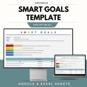Puede incluir: Una plantilla de marketing digital titulada "SMART GOALS" que se muestra en un monitor de computadora y una computadora portátil. La plantilla incluye secciones para el nombre de inicio, el título del objetivo, el objetivo y un plan de acción. También es visible el texto "60% OFF ON ALL".