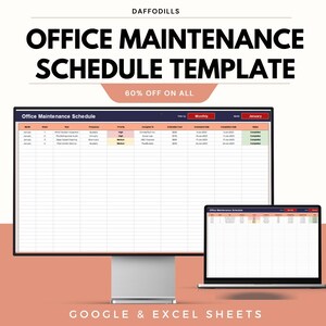 Può includere: Un modello digitale di programma di manutenzione dell'ufficio visualizzato su un monitor di computer e un laptop. Il modello include una tabella con colonne per settimana, attività, frequenza, priorità e data di completamento. Il testo "OFFICE MAINTENANCE SCHEDULE TEMPLATE" è in alto.