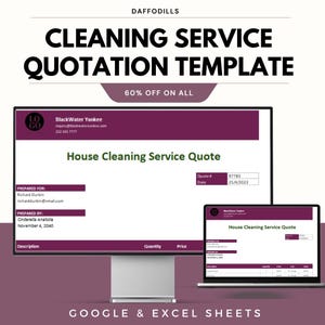 Könnte beinhalten: Eine digitale Vorlage für Reinigungsdienstleistungsangebote, die auf einem Computermonitor und einem Laptop angezeigt wird. Die Vorlage hat ein lila und weißes Design mit dem Text "CLEANING SERVICE QUOTATION TEMPLATE" und "60% OFF ON ALL". Die Vorlage enthält Felder für eine Angebotsnummer, ein Datum und Kundeninformationen.