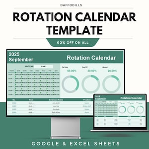 Puede incluir: Una plantilla digital de calendario de rotación, mostrada en un monitor de escritorio y un portátil. La plantilla es verde y blanca, con el texto "ROTATION CALENDAR TEMPLATE" y "60% OFF ON ALL". El calendario es para septiembre de 2025.