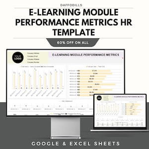 Könnte beinhalten: Eine digitale Vorlage für Leistungskennzahlen von E-Learning-Modulen, angezeigt auf einem Computermonitor und Laptop. Die Vorlage enthält Diagramme und Datenvisualisierungen mit dem Text "E-LEARNING MODULE PERFORMANCE METRICS HR TEMPLATE" und "60% OFF ON ALL".