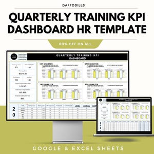 May include: A computer monitor and laptop displaying a quarterly training KPI dashboard HR template. The dashboard shows data visualizations and key performance indicators. The text includes "60% OFF ON ALL" and "GOOGLE & EXCEL SHEETS".