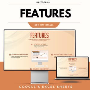 May include: A promotional graphic for Daffodils, with the word "FEATURES" in bold black text. The image shows a computer and laptop displaying a multi-stock waterfall chart template, with the text "60% OFF ON ALL". The graphic also includes the text "GOOGLE & EXCEL SHEETS".