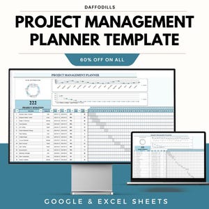 Project Management Planner Template, Task Tracking Gantt Chart, Team Resource Allocation, Excel and Google Sheets Dashboard