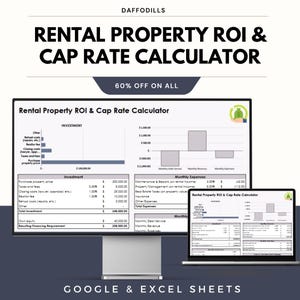 Könnte beinhalten: Ein Computermonitor und ein Laptop zeigen eine Tabelle "Rental Property ROI & Cap Rate Calculator". Das Bild enthält Finanzdaten, Diagramme und den Text "60% OFF ON ALL" und "GOOGLE & EXCEL SHEETS". Das Daffodils-Logo befindet sich oben.
