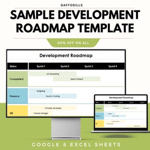 Peut inclure: Un écran d'ordinateur et un ordinateur portable affichent un exemple de modèle de feuille de route de développement. La feuille de route est divisée en sprints et comprend des sections pour les tâches terminées, financières et RH. L'image comprend également le texte "60% OFF ON ALL" et "GOOGLE & EXCEL SHEETS".