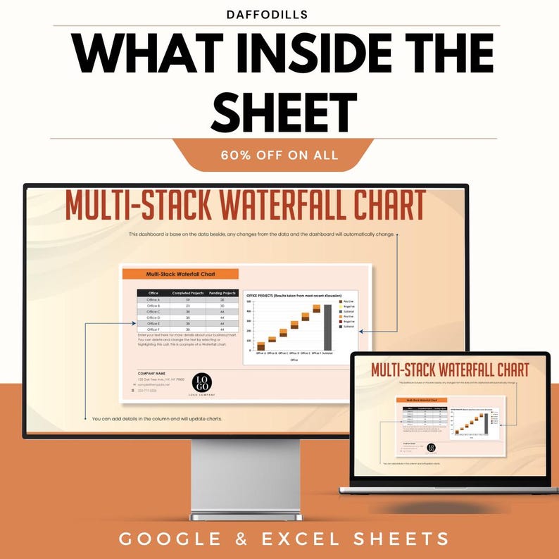 May include: A digital marketing image with the text "WHAT INSIDE THE SHEET" and "MULTI-STACK WATERFALL CHART". The image shows a computer monitor and a laptop displaying charts. The image also includes the text "GOOGLE & EXCEL SHEETS".
