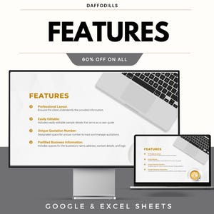 May include: A promotional image for Google & Excel Sheets. The word "FEATURES" is displayed in large, bold, black text. The image includes a desktop computer and a laptop, both displaying the features of the product. The text "60% OFF ON ALL" is also present.