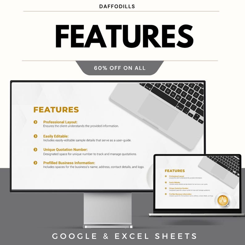 May include: A promotional image for Google & Excel Sheets. The word "FEATURES" is displayed in large, bold, black text. The image includes a desktop computer and a laptop, both displaying the features of the product. The text "60% OFF ON ALL" is also present.