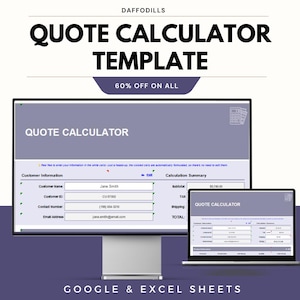 Op de afbeelding: Een computermonitor en een laptop tonen een "Offertecalculator Sjablonen" met de tekst "60% KORTING OP ALLES". De monitor toont klantinformatie en velden voor de berekening van de samenvatting. De laptop toont een vergelijkbare offertecalculator interface.
