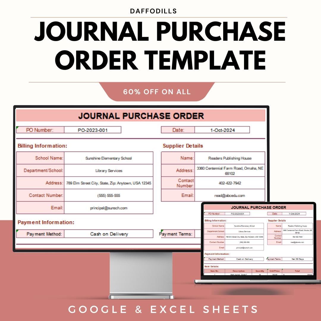 Purchase Order Workbook Example Journal Purchase Order Template, Excel Purchase Order Tracker, Google ...
