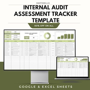 May include: A computer monitor and laptop displaying an "Internal Audit Assessment Tracker Template" with the text "60% OFF ON ALL". The template is designed for Google & Excel Sheets. The Daffodils logo is at the top.