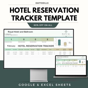 Puede incluir: Un monitor de computadora y una computadora portátil que muestran una plantilla de seguimiento de reservas de hotel. La plantilla incluye campos para nombres de huéspedes, fechas de entrada/salida y detalles de la habitación. El texto "HOTEL RESERVATION TRACKER TEMPLATE" se muestra.