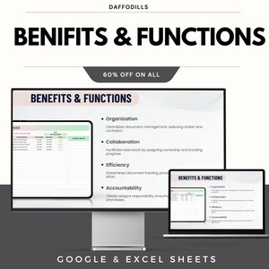 May include: A digital product advertisement with the text "BENIFITS & FUNCTIONS" and "60% OFF ON ALL". The image shows a computer monitor and laptop displaying a spreadsheet with bullet points: Organization, Collaboration, Efficiency, and Accountability. The product is for Google & Excel Sheets.