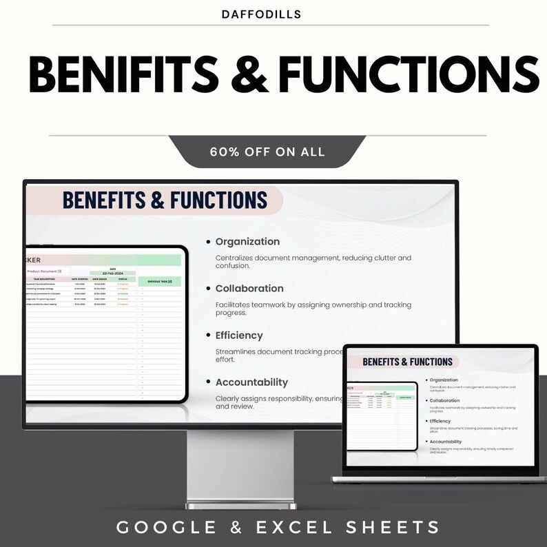 May include: A digital product advertisement with the text "BENIFITS & FUNCTIONS" and "60% OFF ON ALL". The image shows a computer monitor and laptop displaying a spreadsheet with bullet points: Organization, Collaboration, Efficiency, and Accountability. The product is for Google & Excel Sheets.
