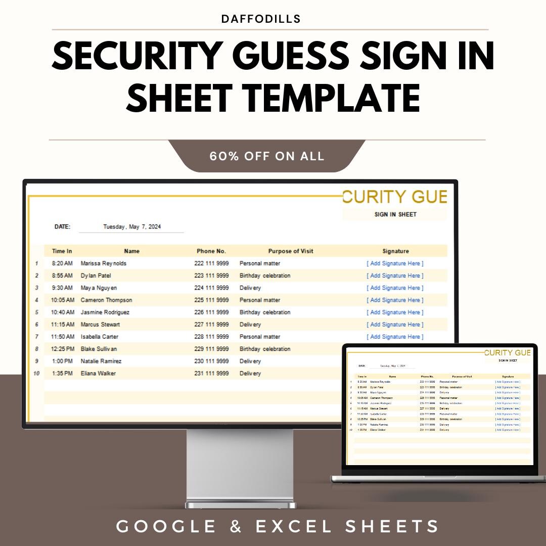 Guest Log In Sheets Security Guest Sign in Sheet Template, Visitor Log Book, Excel & Google ...
