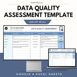 May include: A digital data quality assessment template displayed on a computer monitor and laptop. The template includes sections for data quality metrics, descriptions, data fields, assessment criteria, and results. The text "DATA QUALITY ASSESSMENT TEMPLATE" is prominently displayed.