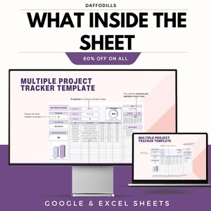 Peut inclure: Publicit&eacute; pour un mod&egrave;le de suivi de projet num&eacute;rique, affich&eacute; sur un &eacute;cran d'ordinateur et un ordinateur portable. L'image affiche le texte "WHAT INSIDE THE SHEET" et "MULTIPLE PROJECT TRACKER TEMPLATE". Le texte "60% OFF ON ALL" et "GOOGLE & EXCEL SHEETS" est &eacute;galement pr&eacute;sent.