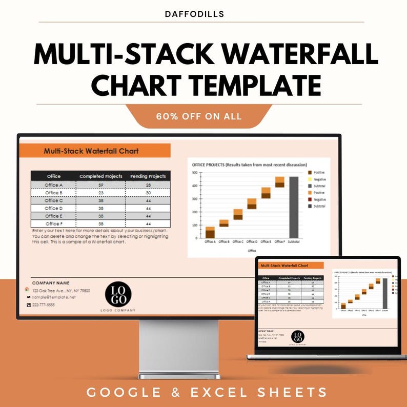 May include: A digital marketing template titled "MULTI-STACK WATERFALL CHART TEMPLATE" with a 60% off promotion. The design includes a computer monitor and laptop displaying charts and data tables. The template is compatible with Google and Excel Sheets.