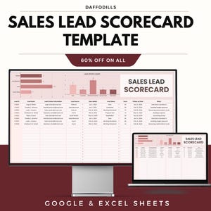 May include: A computer monitor and laptop showing a sales lead scorecard template. The template features charts, graphs, and data tables. Text on the screen reads "SALES LEAD SCORECARD TEMPLATE" and "60% OFF ON ALL". The bottom of the image says "GOOGLE & EXCEL SHEETS".