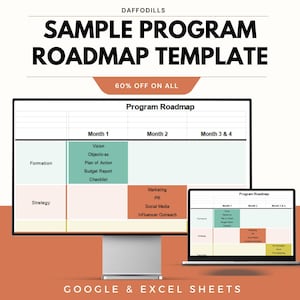 May include: A computer monitor and laptop display a "Sample Program Roadmap Template" with the text "60% OFF ON ALL". The roadmap includes sections for Formation and Strategy, with headings for Month 1, Month 2, and Month 3 & 4. The text "GOOGLE & EXCEL SHEETS" is at the bottom.