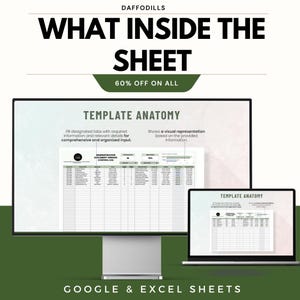 以下が含まれることがあります： Google および Excel シートのテンプレートを宣伝するデジタル画像。「WHAT INSIDE THE SHEET」と「TEMPLATE ANATOMY」というテキストが表示されています。コンピューターモニターとラップトップにテンプレートが表示されます。画像には「60% OFF ON ALL」というテキストも含まれています。