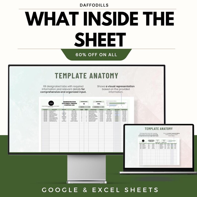 以下が含まれることがあります： Google および Excel シートのテンプレートを宣伝するデジタル画像。「WHAT INSIDE THE SHEET」と「TEMPLATE ANATOMY」というテキストが表示されています。コンピューターモニターとラップトップにテンプレートが表示されます。画像には「60% OFF ON ALL」というテキストも含まれています。