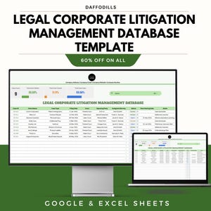 May include: A computer monitor and laptop displaying a legal corporate litigation management database template. The image includes the text "LEGAL CORPORATE LITIGATION MANAGEMENT DATABASE TEMPLATE" and "60% OFF ON ALL". The bottom of the image reads "GOOGLE & EXCEL SHEETS".