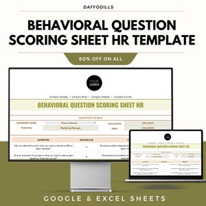 May include: A digital HR template on a computer monitor and laptop. The template is titled "Behavioral Question Scoring Sheet HR Template" and includes fields for candidate details and scoring. The image also displays the text "60% OFF ON ALL".
