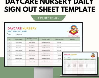 Op de afbeelding: Een digitale sjabloon voor een dagelijkse afmeldingslijst voor kinderdagverblijven. De sjabloon wordt weergegeven op een computermonitor en een laptop. De tekst bevat "Daycare Nursery Daily Sign Out Sheet Template" en "60% Off On All".