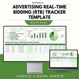 May include: A computer monitor and laptop display an advertising real-time bidding (RTB) tracker template. The template includes charts and data tables, with the text "ADVERTISING REAL-TIME BIDDING (RTB) TRACKER" and "GOOGLE & EXCEL SHEETS".