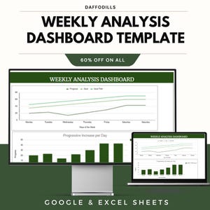 Op de afbeelding: Een computerscherm en een laptop tonen een sjabloon voor een wekelijks analysedashboard. De tekst luidt "WEEKLY ANALYSIS DASHBOARD TEMPLATE" met "60% OFF ON ALL". Het dashboard toont grafieken voor gegevensanalyse. Onderaan de afbeelding staat "GOOGLE & EXCEL SHEETS".
