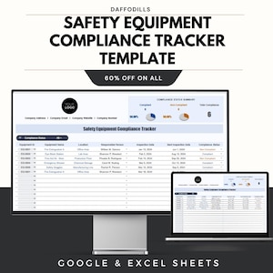 Op de afbeelding: Een digitale sjabloon voor een Safety Equipment Compliance Tracker, weergegeven op een computermonitor en een laptop. De sjabloon bevat secties voor apparatuur-ID, locatie, inspectiedata en compliance status. De tekst "60% OFF ON ALL" is ook zichtbaar.