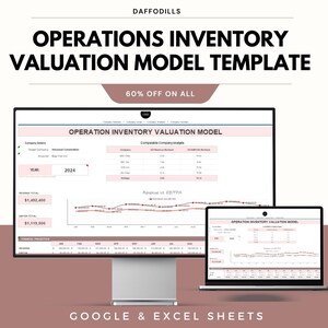 May include: A computer monitor and laptop showing an "Operations Inventory Valuation Model Template." The template includes financial data, charts, and the text "60% OFF ON ALL." The bottom of the image reads "GOOGLE & EXCEL SHEETS."