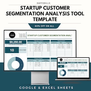 May include: A digital template for startup customer segmentation analysis, displayed on a desktop monitor and laptop. The design features a teal and white color scheme, with charts, graphs, and data tables. The text includes "Startup Customer Segmentation Analysis Tool Template" and "60% Off On All".