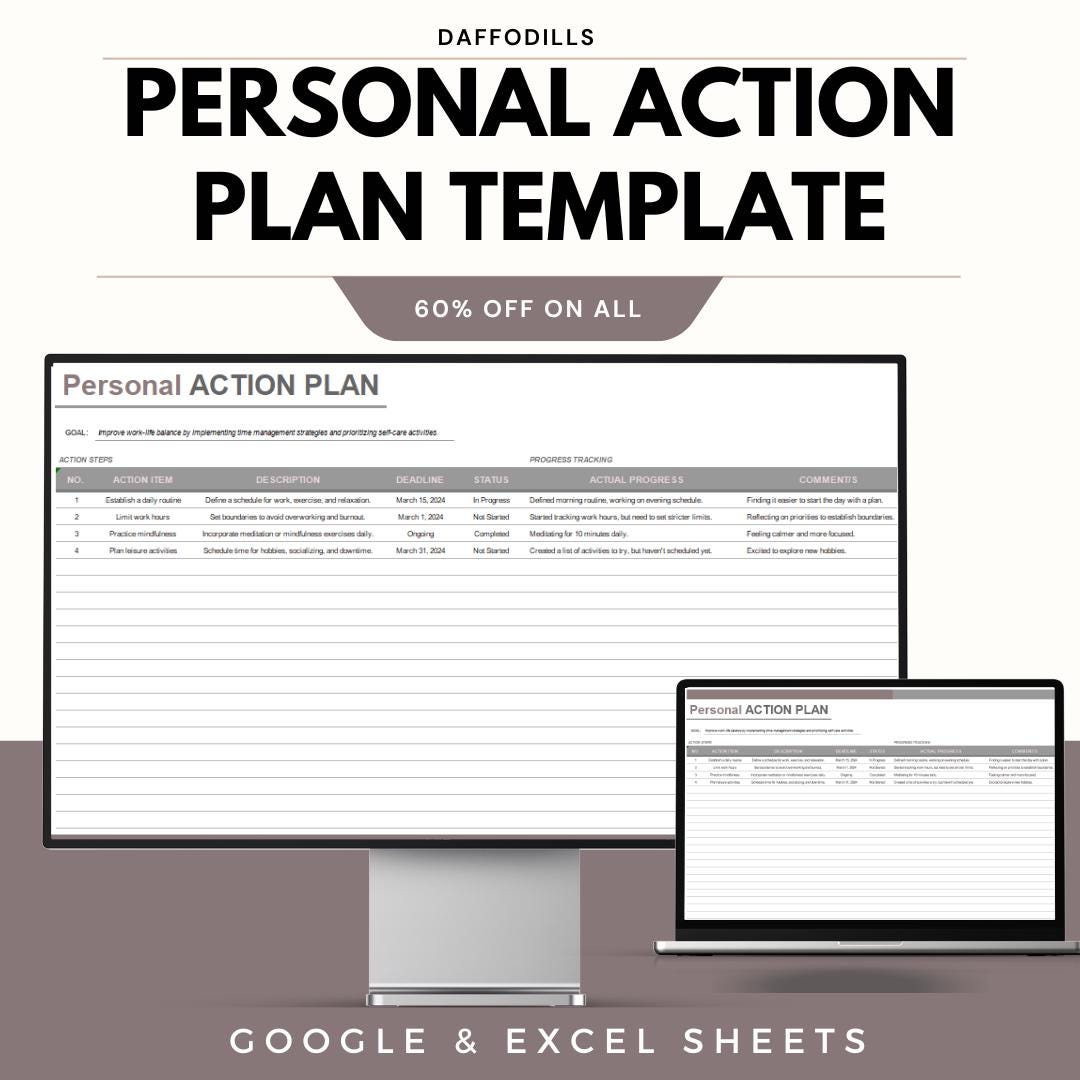 Personal Action Plan Template, Excel & Google Sheets Goal Planner ...