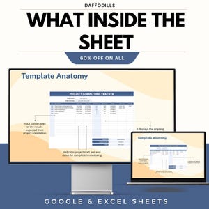 K&ouml;nnte beinhalten: Werbebild f&uuml;r Daffodils mit dem Text &bdquo;WHAT INSIDE THE SHEET&ldquo; und &bdquo;60 % RABATT AUF ALLES&ldquo;. Es zeigt einen Computermonitor und einen Laptop, die eine Projektverfolgungs-Vorlage anzeigen. Der Text &bdquo;GOOGLE & EXCEL SHEETS&ldquo; befindet sich unten.