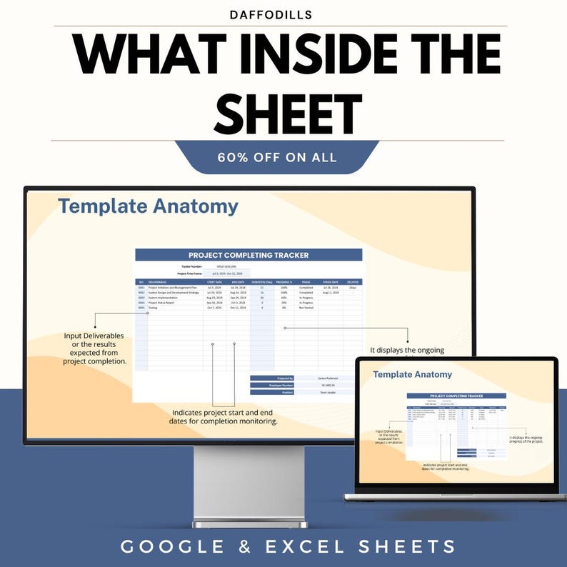 K&ouml;nnte beinhalten: Werbebild f&uuml;r Daffodils mit dem Text &bdquo;WHAT INSIDE THE SHEET&ldquo; und &bdquo;60 % RABATT AUF ALLES&ldquo;. Es zeigt einen Computermonitor und einen Laptop, die eine Projektverfolgungs-Vorlage anzeigen. Der Text &bdquo;GOOGLE & EXCEL SHEETS&ldquo; befindet sich unten.