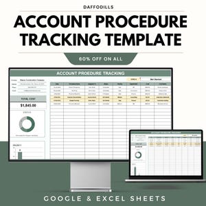 May include: A digital account procedure tracking template, shown on a computer monitor and laptop. The template includes sections for procedure name, status, priority, and cost. The text "ACCOUNT PROCEDURE TRACKING TEMPLATE" is at the top.