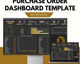 May include: A digital purchase order dashboard template, shown on a computer monitor and a laptop. The design uses a dark background with white and gold text, including the words "Purchase Order Dashboard Template" and "60% Off On All."