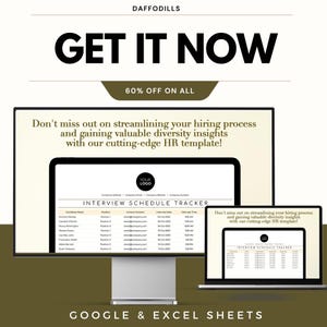 May include: An advertisement for an HR template, featuring the text "GET IT NOW" in bold black letters. Below, a banner states "60% OFF ON ALL." The template is showcased on a desktop monitor and a laptop, both displaying an "INTERVIEW SCHEDULE TRACKER."