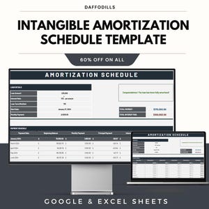 May include: A digital amortization schedule template displayed on a computer monitor and laptop. The template includes loan details, payment schedules, and totals. The text reads "Intangible Amortization Schedule Template" and "Google & Excel Sheets."