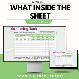 Op de afbeelding: Promotieafbeelding voor Google & Excel Sheets. De tekst luidt "WHAT INSIDE THE SHEET" met "60% OFF ON ALL". De afbeelding toont een computermonitor en een laptop met een "Monitoring Task" spreadsheet.