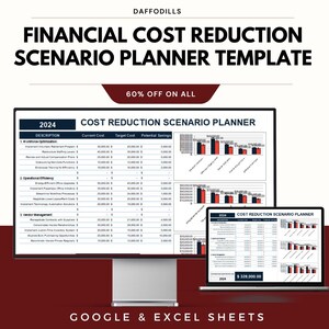 May include: A computer monitor and laptop display a financial cost reduction scenario planner template. The template includes charts and data tables with the text "Financial Cost Reduction Scenario Planner Template" and "Cost Reduction Scenario Planner". The image also includes the text "60% OFF ON ALL" and "Google & Excel Sheets".