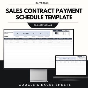 Peut inclure: Un écran d'ordinateur et un ordinateur portable affichent un modèle de calendrier de paiement de contrat de vente. Le modèle comprend des champs pour l'ID du contrat, le nom du client, la description du paiement et la date d'échéance. Le texte "SALES CONTRACT PAYMENT SCHEDULE TEMPLATE" est en haut.