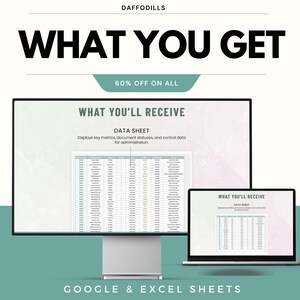 K&ouml;nnte beinhalten: Das Bild zeigt einen Computermonitor und einen Laptop, die Datentabellen anzeigen. Der Text lautet &bdquo;WAS SIE BEKOMMEN&ldquo; und &bdquo;WAS SIE ERHALTEN&ldquo;. Das Datenblatt zeigt wichtige Kennzahlen und Dokumentenstatus an. Das Bild enth&auml;lt auch den Text &bdquo;60 % RABATT AUF ALLES&ldquo; und &bdquo;GOOGLE & EXCEL SHEETS&ldquo;.