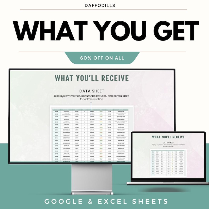K&ouml;nnte beinhalten: Das Bild zeigt einen Computermonitor und einen Laptop, die Datentabellen anzeigen. Der Text lautet &bdquo;WAS SIE BEKOMMEN&ldquo; und &bdquo;WAS SIE ERHALTEN&ldquo;. Das Datenblatt zeigt wichtige Kennzahlen und Dokumentenstatus an. Das Bild enth&auml;lt auch den Text &bdquo;60 % RABATT AUF ALLES&ldquo; und &bdquo;GOOGLE & EXCEL SHEETS&ldquo;.