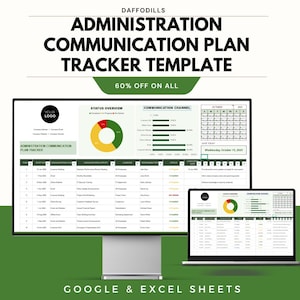 Puede incluir: Una plantilla digital para la administración, la comunicación y el seguimiento de planes. La plantilla se muestra en un monitor de escritorio y un portátil, con una combinación de colores verde y amarillo. El texto incluye "Administration Communication Plan Tracker Template" y "Google & Excel Sheets".