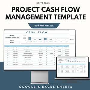 May include: A desktop monitor and laptop show a cash flow management template. The template includes a table with transaction details, categories, income, expenses, and balance. The text on the screen reads "Project Cash Flow Management Template" and "Cash Flow".